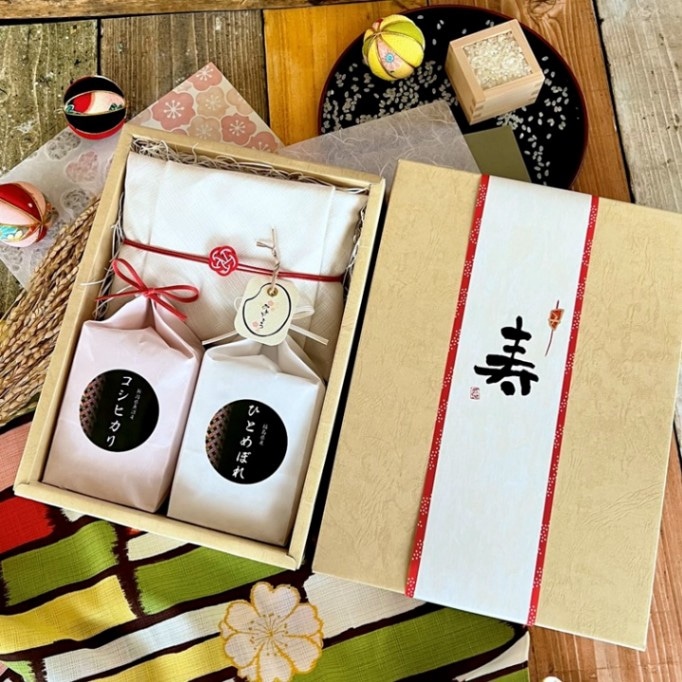 【3合米3個入】箱米(J型)内風呂敷　新潟県魚沼産コシヒカリ3合福島県産ひとめぼれ3合山形県産はえぬき3合
