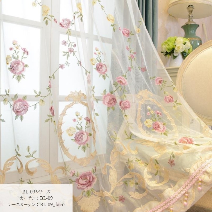 モノグラム刺繍 カーテン 小鳥とラメ糸の刺繍がアクセント レースカーテン hino