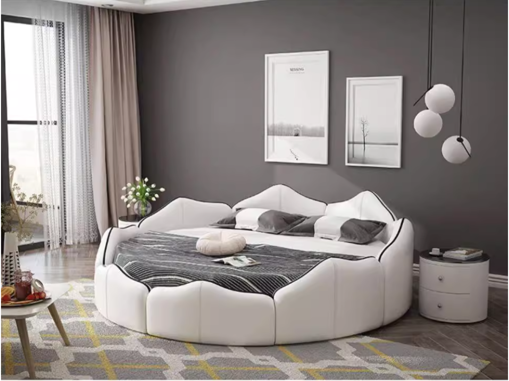 初売り特別15％値引！条件は要問い合わせ！～モダンデザイン円形ベッド（マットレス付き）