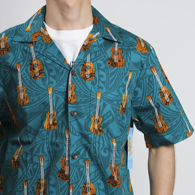 Robert J. Clancey/ロバートジェイクレンシー コットンハワイアンシャツ ギター柄　MADE IN HAWAII