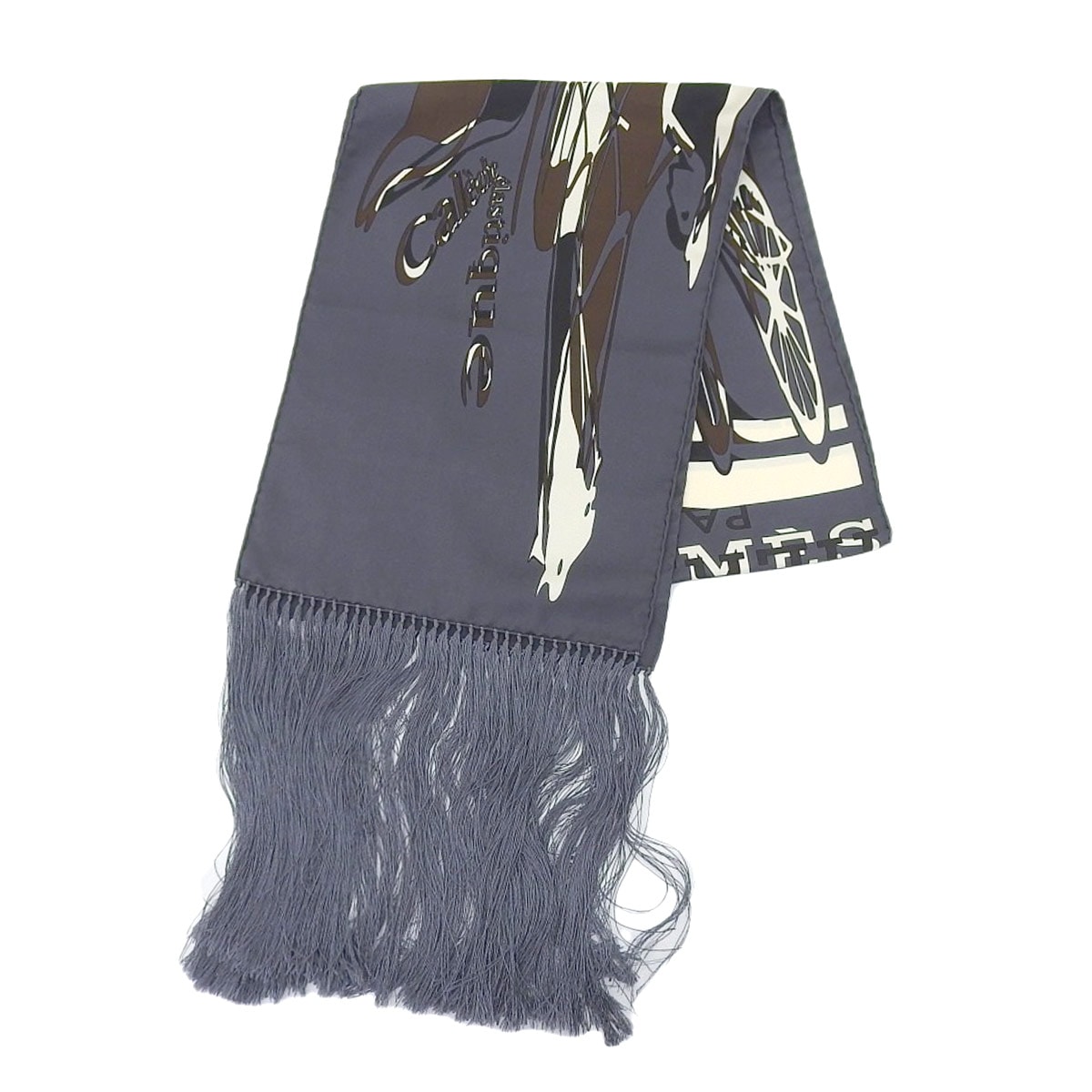 エルメス HERMES シルクスカーフ ストール caleche elastique 馬 馬車 タッセル フリンジ シルク100% グレー メンズ 4213