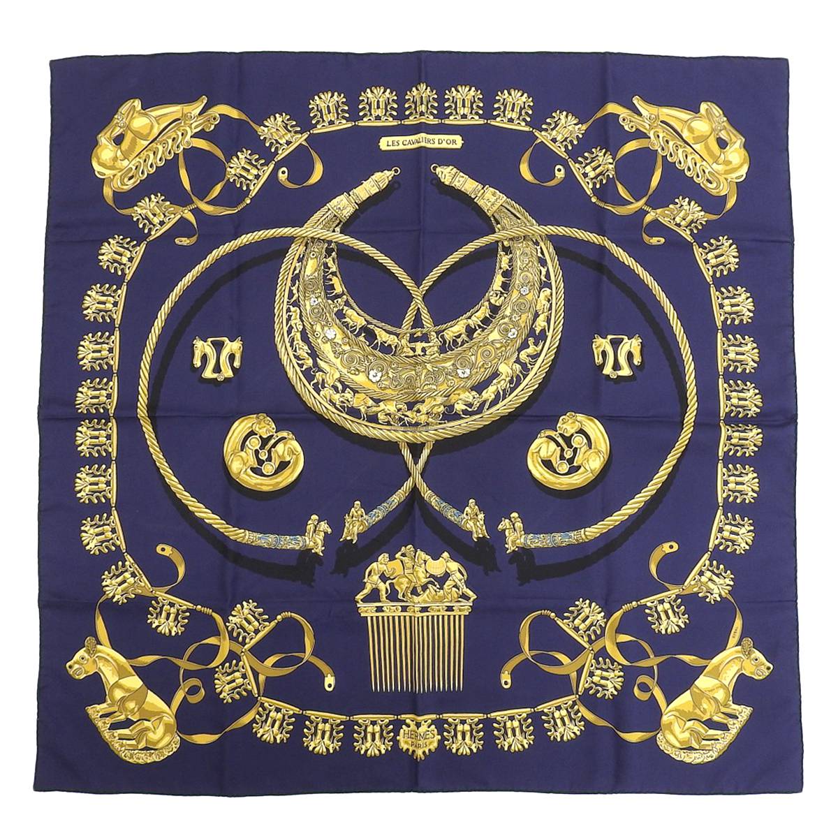 エルメス HERMES カレ90 LES CAVALIERS D’OR 黄金の騎士 スカーフ シルク ネイビー系 レディース 4233