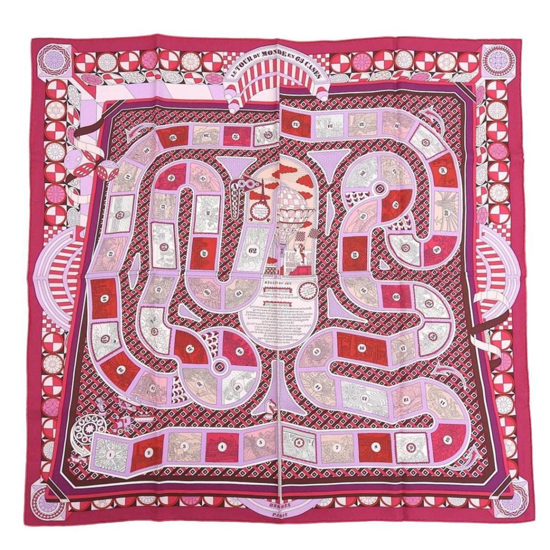 エルメス HERMES カレ90 LE TOUR DU MONDE EN 63 CASES 63マス世界旅行 新同 サイコロ スカーフ シルク ピンク×パープル系 レディース 4240
