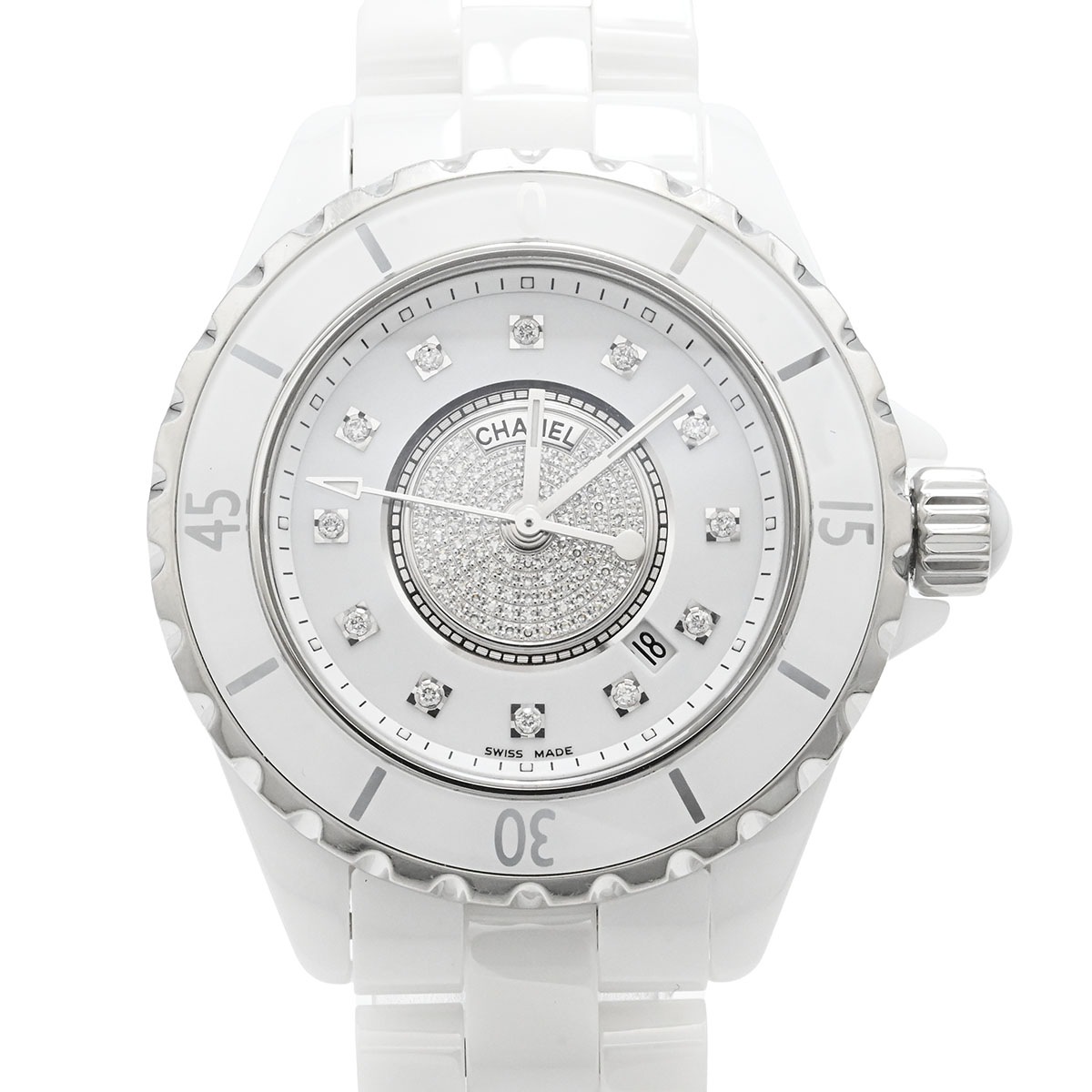 シャネル CHANEL J12 ホワイトセラミック ダイヤ12P ダイヤモンド H2123クォーツ レディース 33ｍｍ デイト 腕時計 H2123 3548