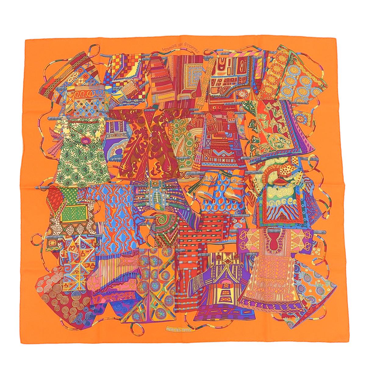 エルメス HERMES スカーフ カレ90 VOYAGE EN ETOFFES 世界の布地を巡る旅 シルク オレンジ系 レディース 4305