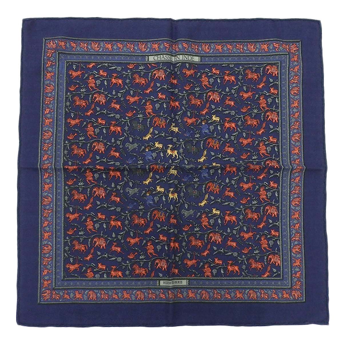 エルメス HERMES プチカレ スカーフ CHASSE EA INDE インドの狩猟 象 カシミヤ シルク ネイビー系 レディース メンズ 4376