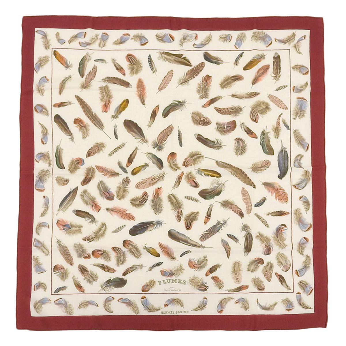 エルメス HERMES カレジュアン 90 スカーフ PLUMES 羽 カシミヤ シルク オフホワイト系 レッド レディース 4377