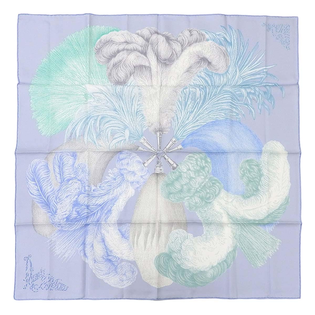 エルメス HERMES カレ90 スカーフ 2022春夏 Plumets et Panaches 羽と羽飾り シルク100% ライトブルー系 レディース 4378