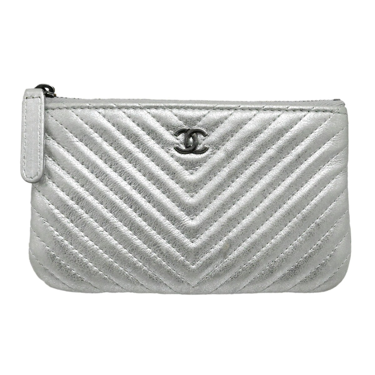 シャネル CHANEL Vステッチ シェブロン ラムスキン コインケース ポーチ ココマーク シルバー レディース 3676