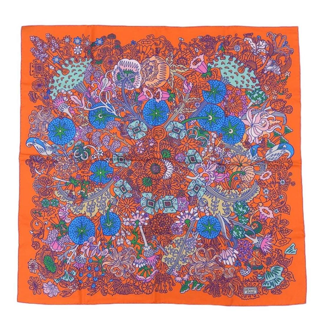 エルメス HERMES カレ90 Cache Cache Fleuri カシュカシュフルリ 大判 シルクスカーフ シルク100 オレンジ系 レディース 4430