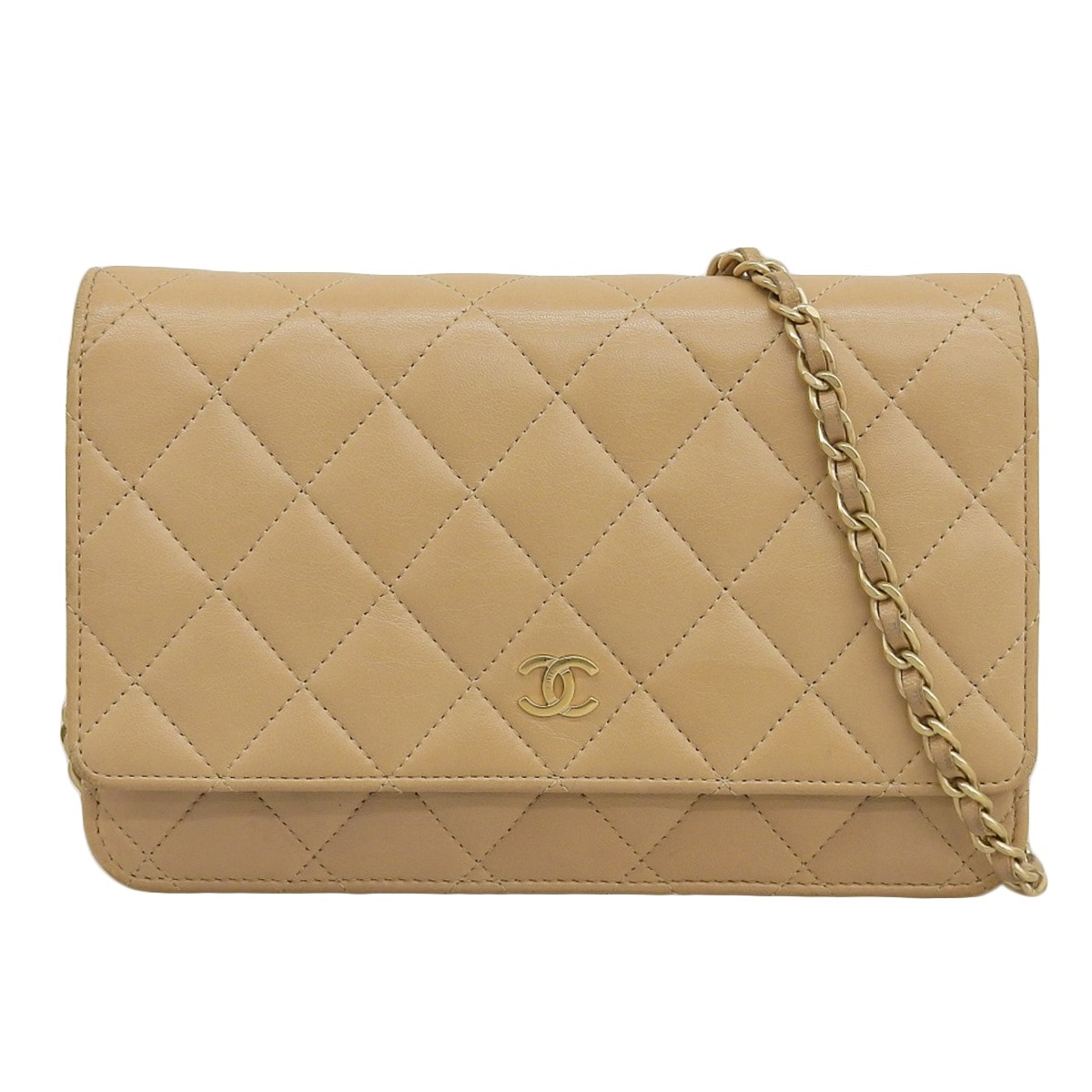 シャネル CHANEL ラムスキン マトラッセ チェーンウオレット ゴールド金具 ベージュ系 レディース 18番台 4459