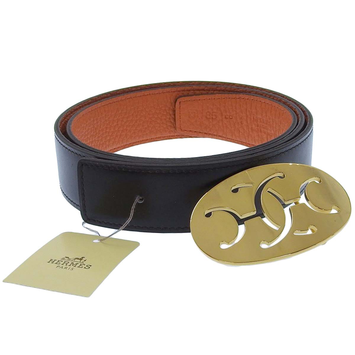 エルメス HERMES ダブルHベルト リバーシブル ボックスカーフ×トゴ レザー ゴールド金具 ブラウン×オレンジ 85 レディース □O刻印 4509
