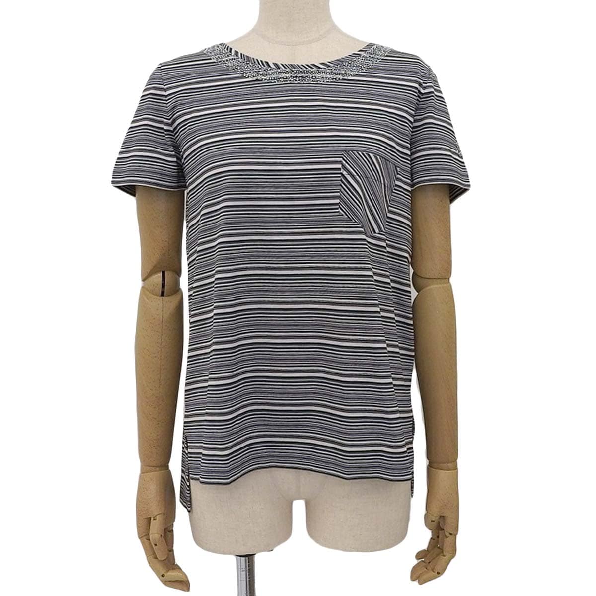 シャネル CHANEL ボーダー 半袖 ココマーク カットソー ビジューコットン ブラック系 38 レディース 4572