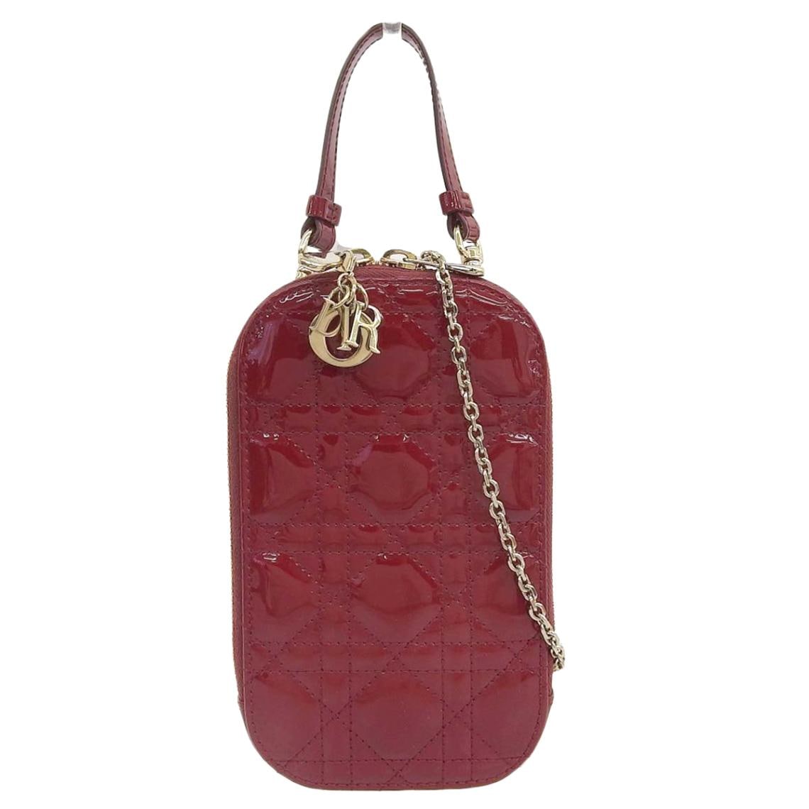 ディオール DIOR フォンフォルダー カナージュ 2WAY ハンドバッグ チェーンショルダー パテントカーフスキン レッド レディース 4578