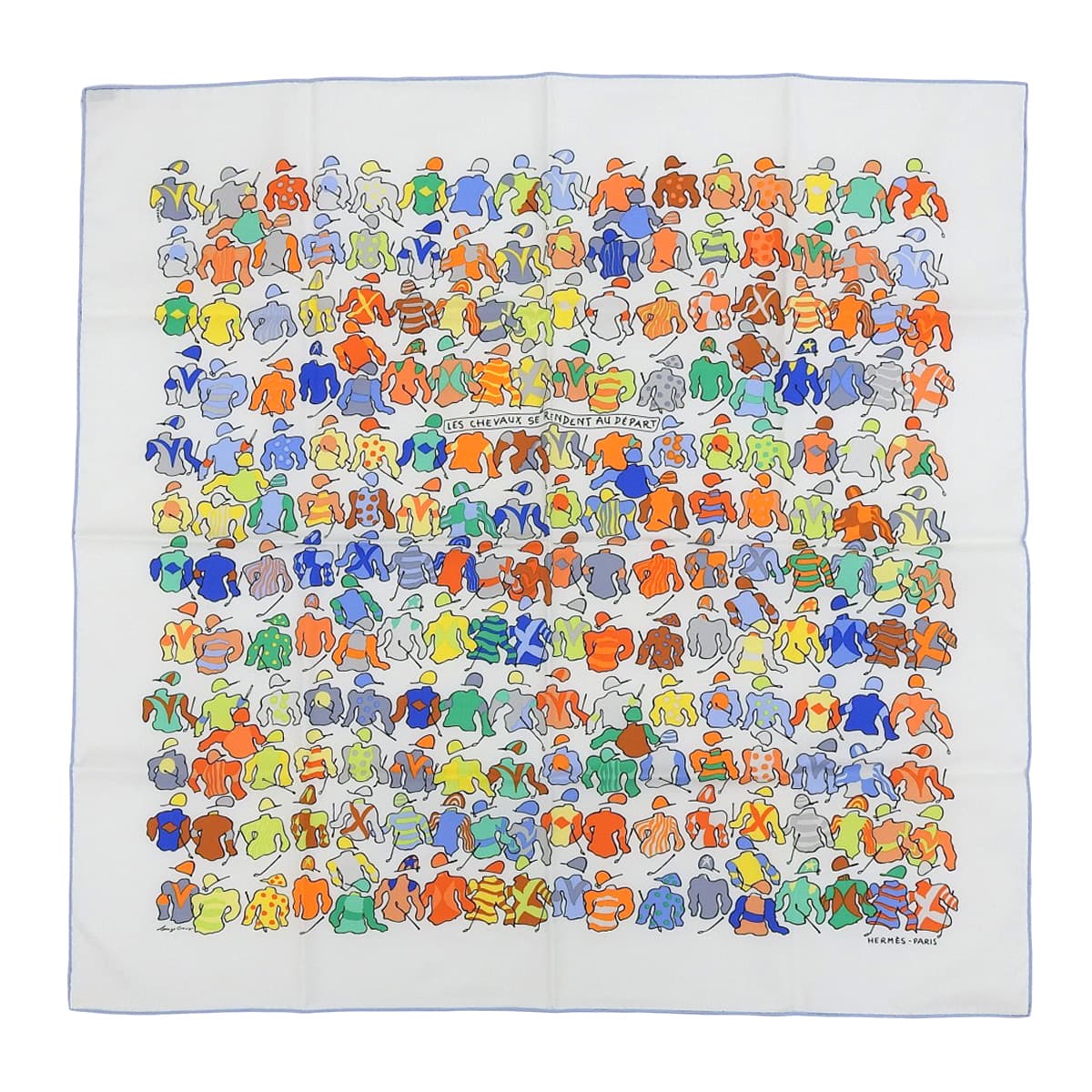 エルメス HERMES カレ70 LES CHEVAUX SE RENDENT AU DEPART 騎手柄 スカーフ コットン ホワイト×マルチカラー レディース 4588