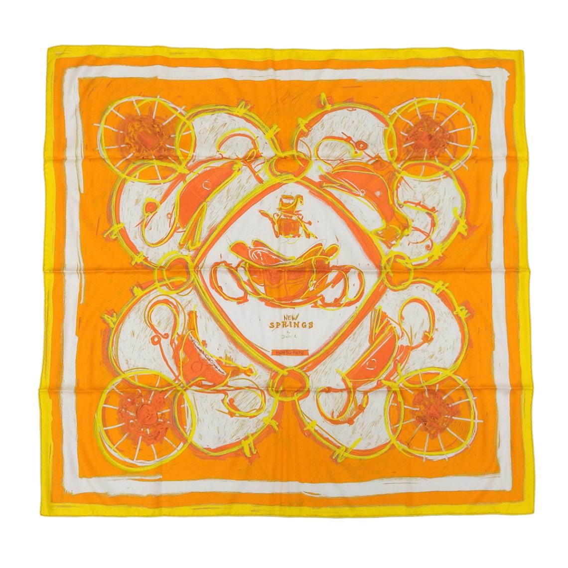 エルメス HERMES カレ90 NEW SPRING ニュースプリング 馬車 スカーフ シルク ホワイト×オレンジ系 レディース 4591
