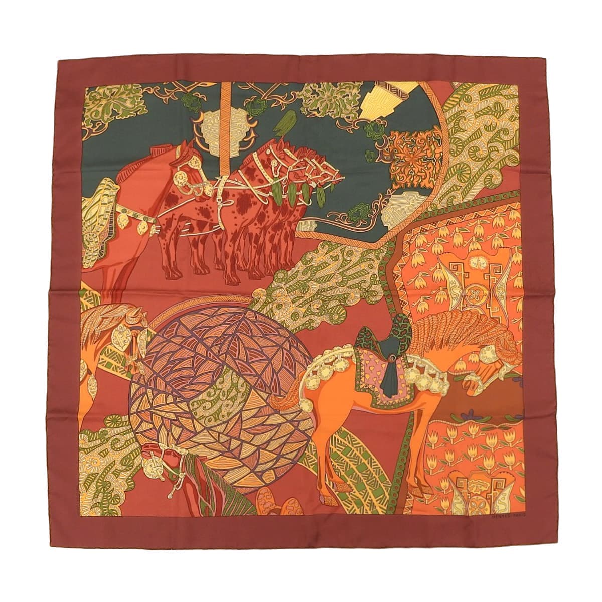 エルメス HERMES カレ90 ART des STEPPES ステップ美術 スカーフ シルク レッド系×マルチカラー レディース 4592