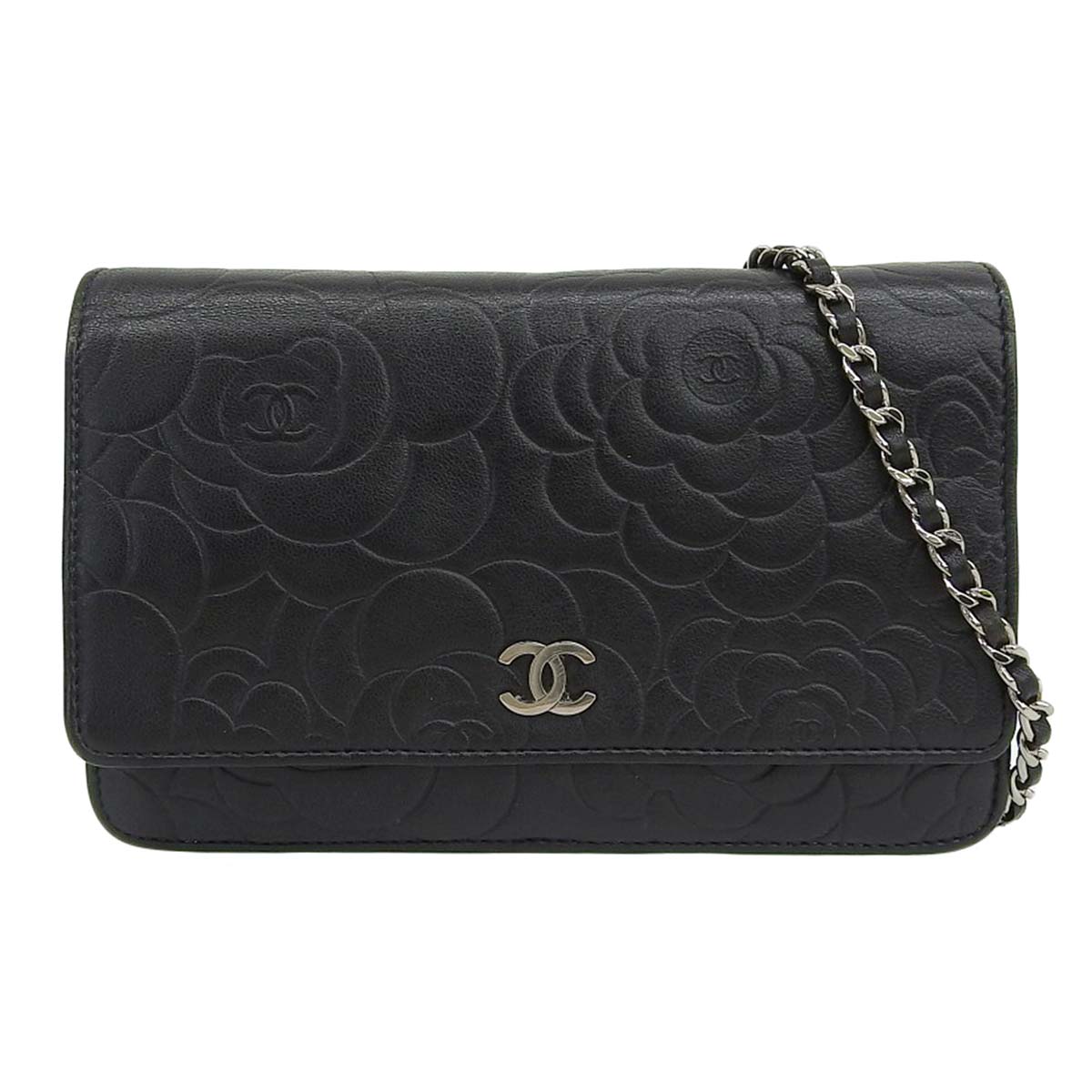 シャネル CHANEL カメリア ココマーク チェーンウォレット ショルダーバッグ 斜め掛け 財布 ラムスキン ブラック レディース 14番台 4599