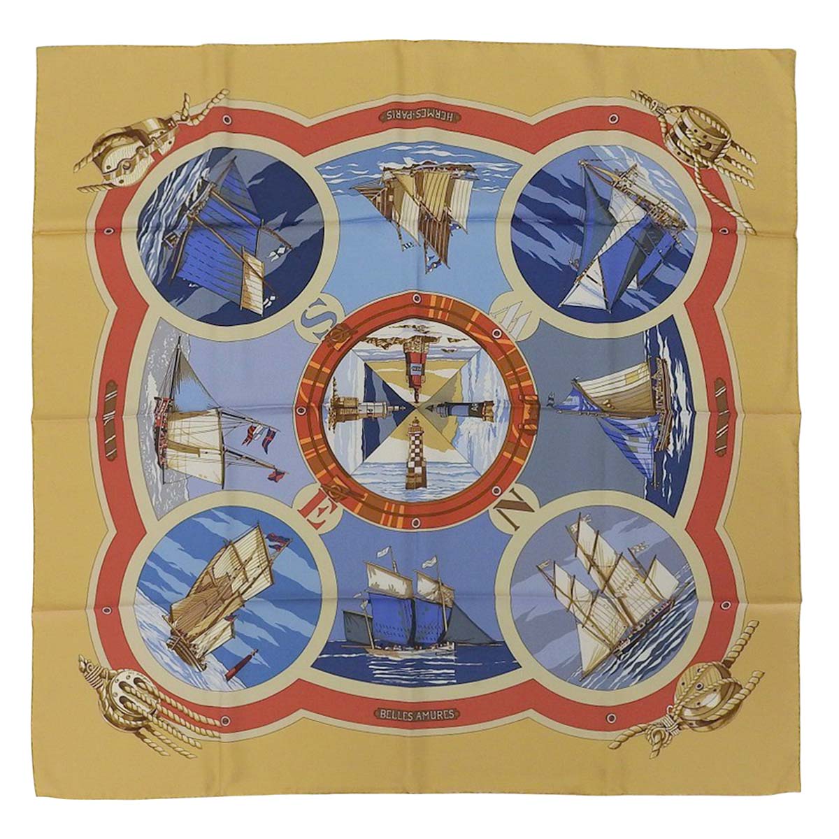 エルメス HERMES カレ90 BELLS AMURES 帆の美学 スカーフ シルク ベージュ系 レディース 4602