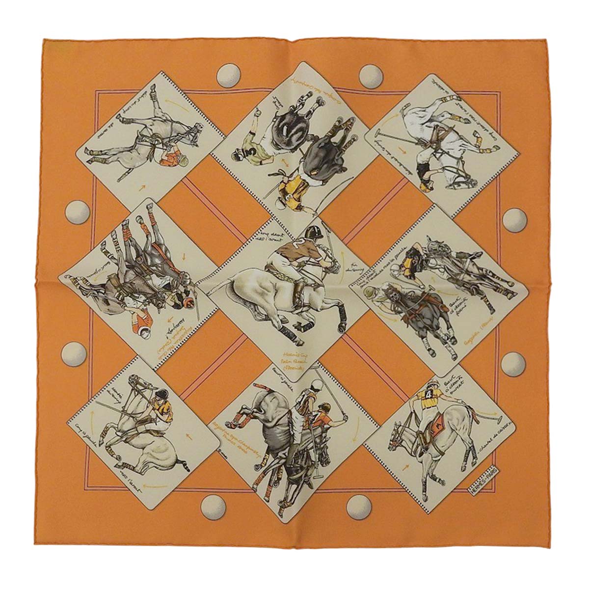 エルメス HERMES カレ40 LE MONDE DU POLO ポロの世界 プチカレ スカーフ シルク オレンジ レディース 4603