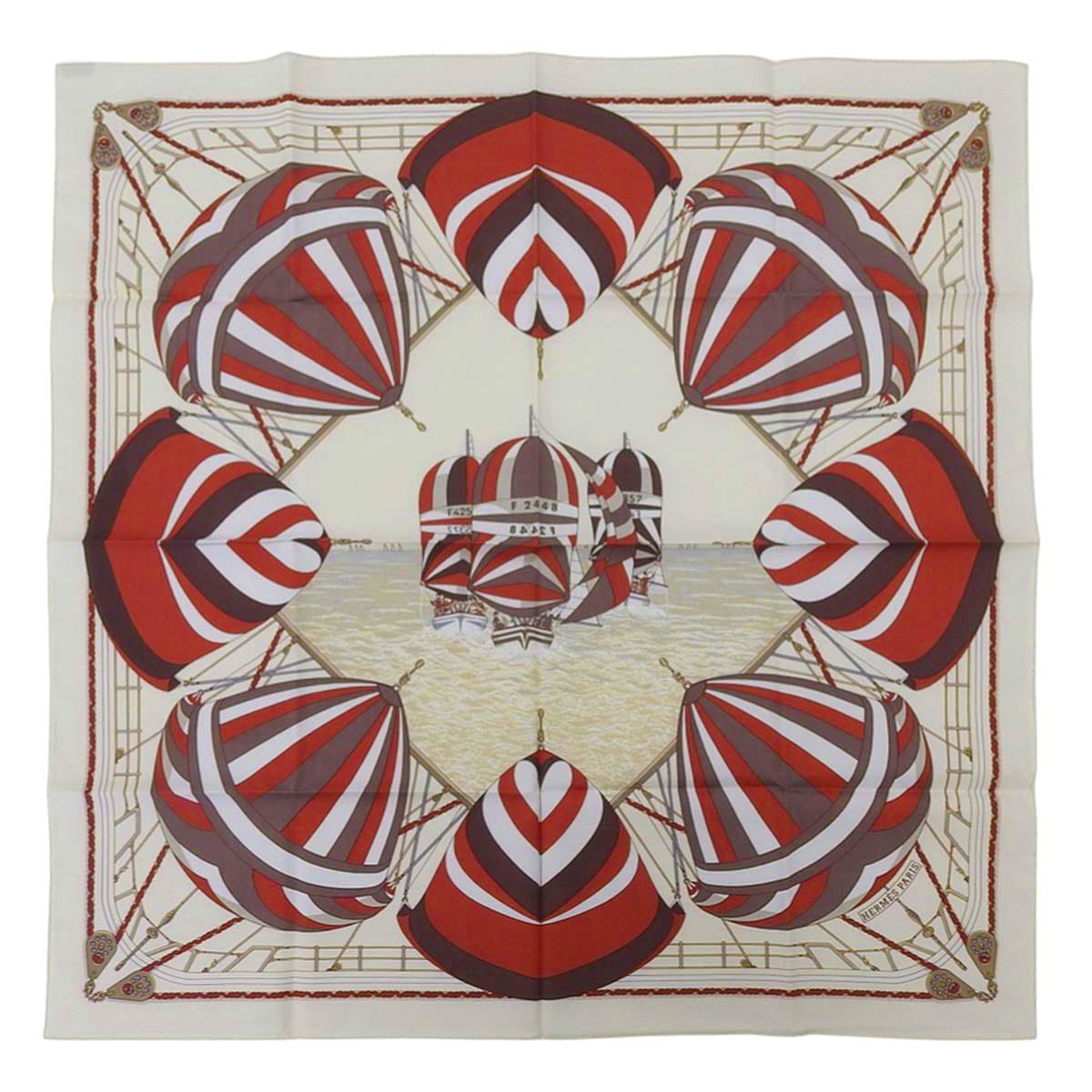 エルメス HERMES カレ SPINNAKERS スピンネーカー スカーフ コットン アイボリー×レッド レディース 気球 4635
