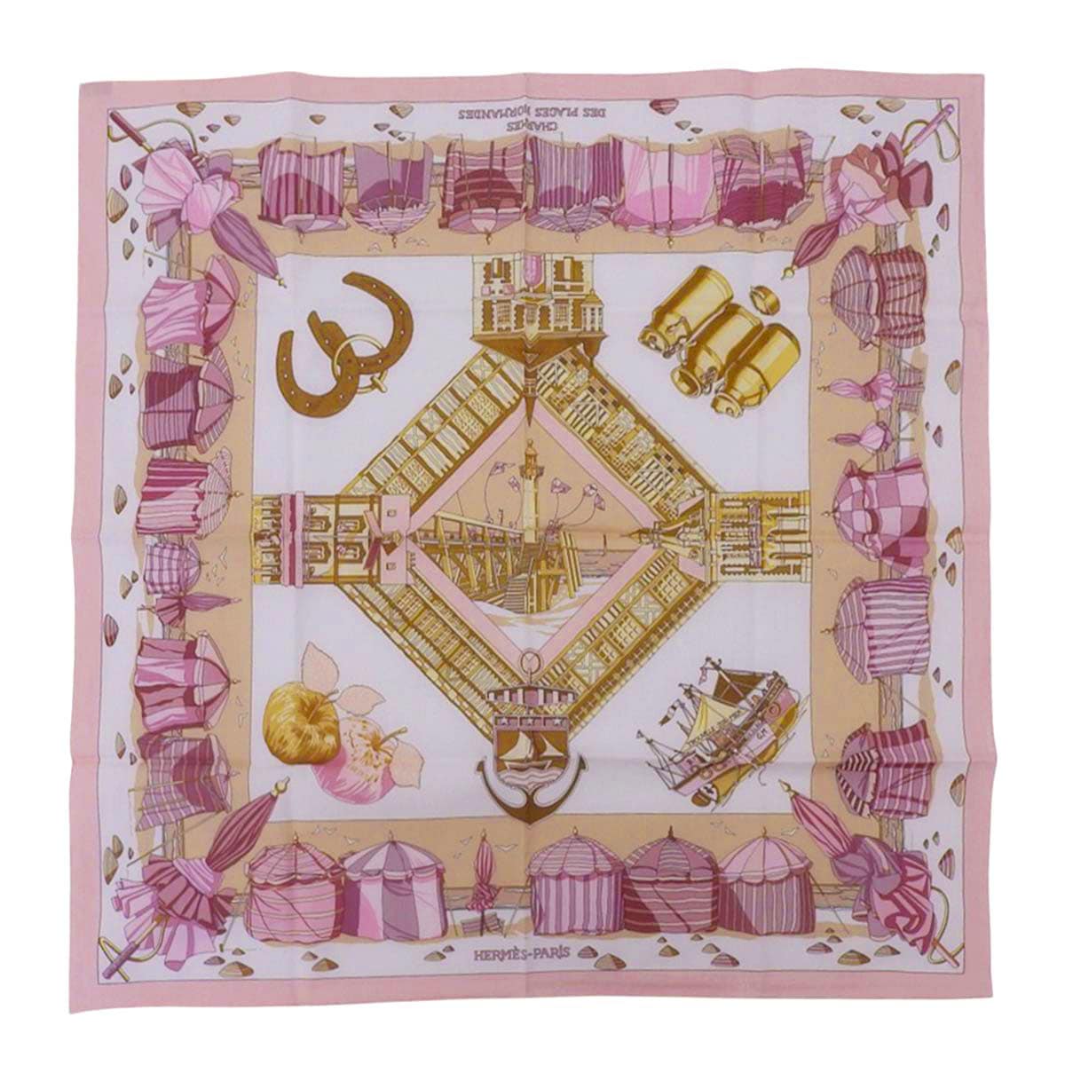 エルメス HERMES カレ CHARMES DES PLAGES NORMANDES ノルマンディ海岸の魅力 スカーフ コットン ピンク×ベージュ レディース 4636