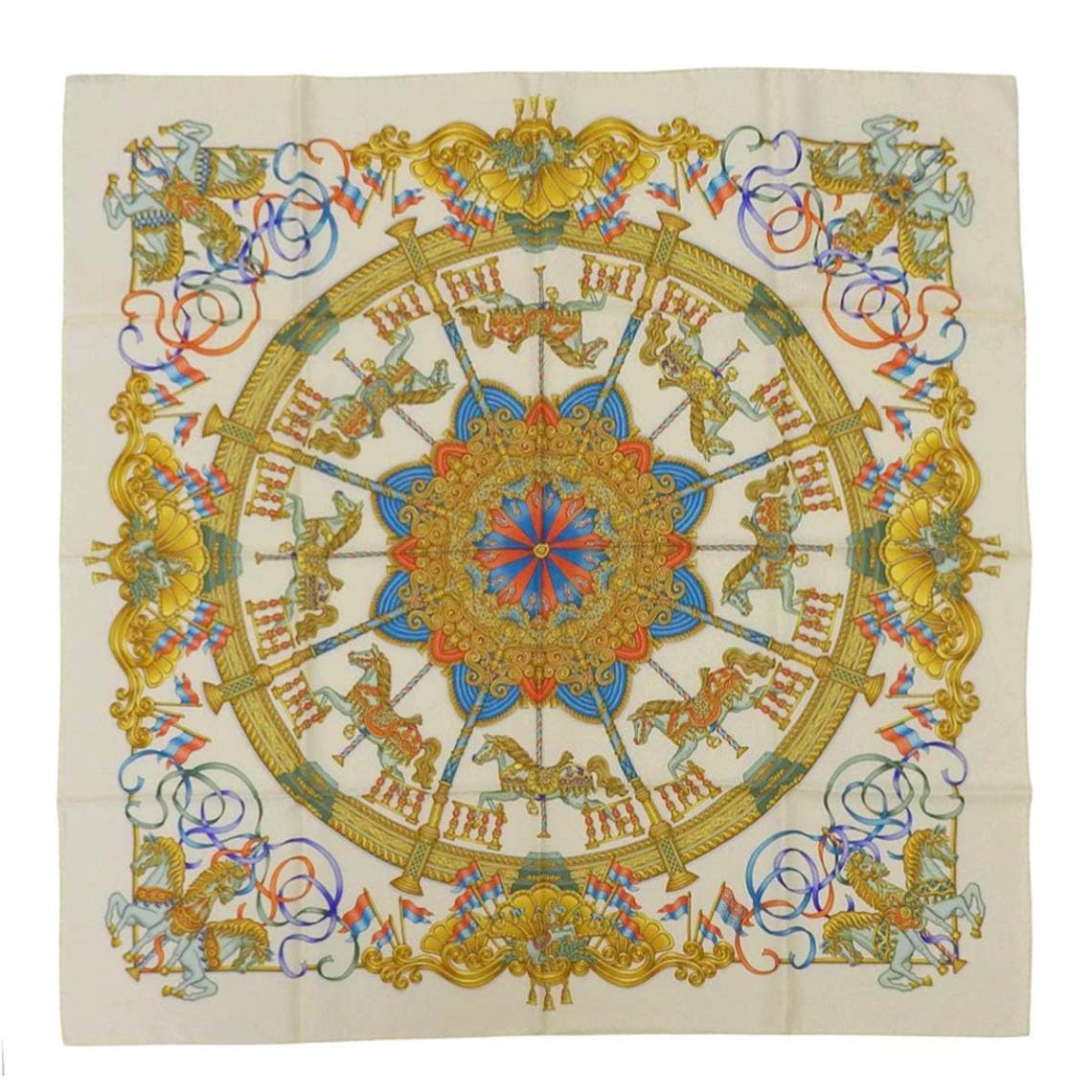 エルメス HERMES カレ90 LUNAPARK メリーゴーランド スカーフ シルク クリーム×ブルー系 レディース 4637