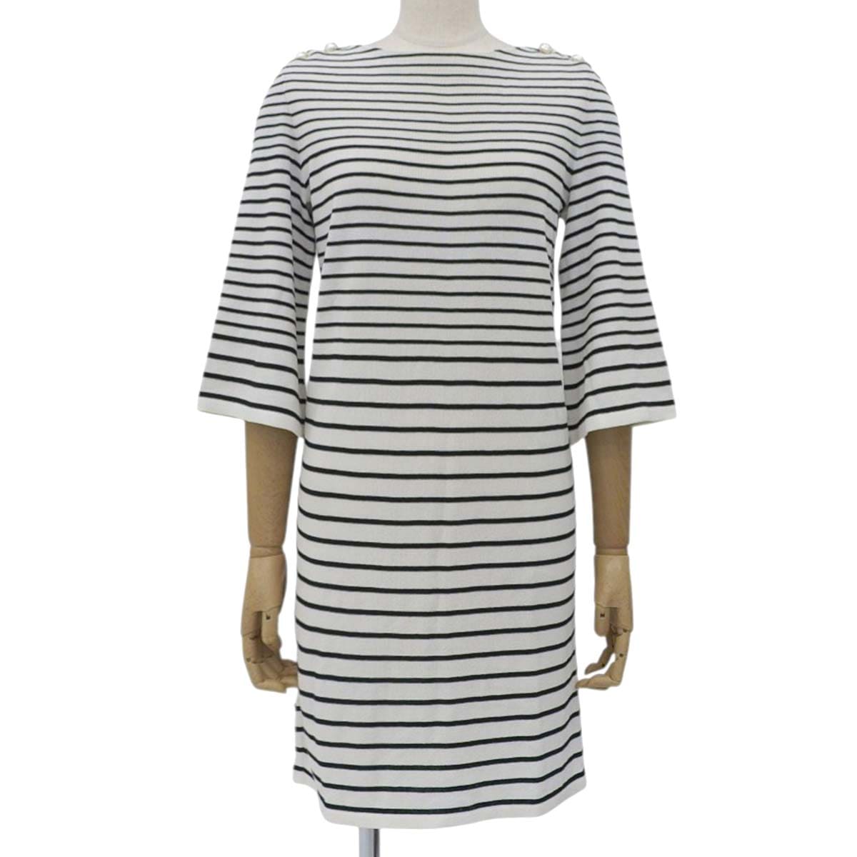 シャネル CHANEL サマーニット ボーダー 5分袖 ワンピース コットン混 ホワイト×ブラック サイズ34 レディース ココマークボタン 4639