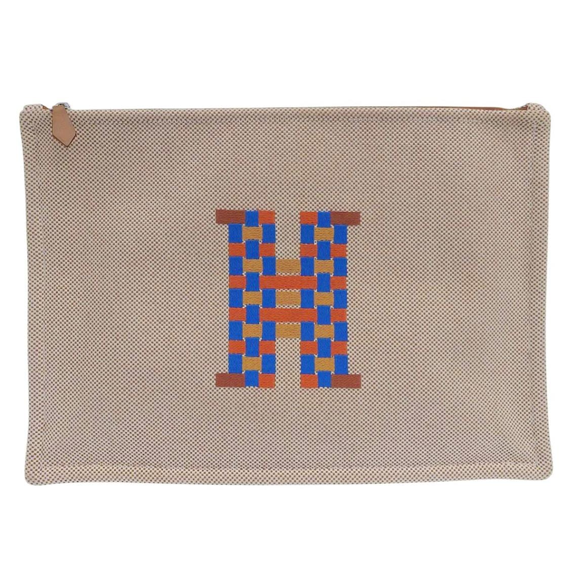 エルメス HERMES Hティサージュ 刺繍 ポーチ コットン ベージュ レディース 4644