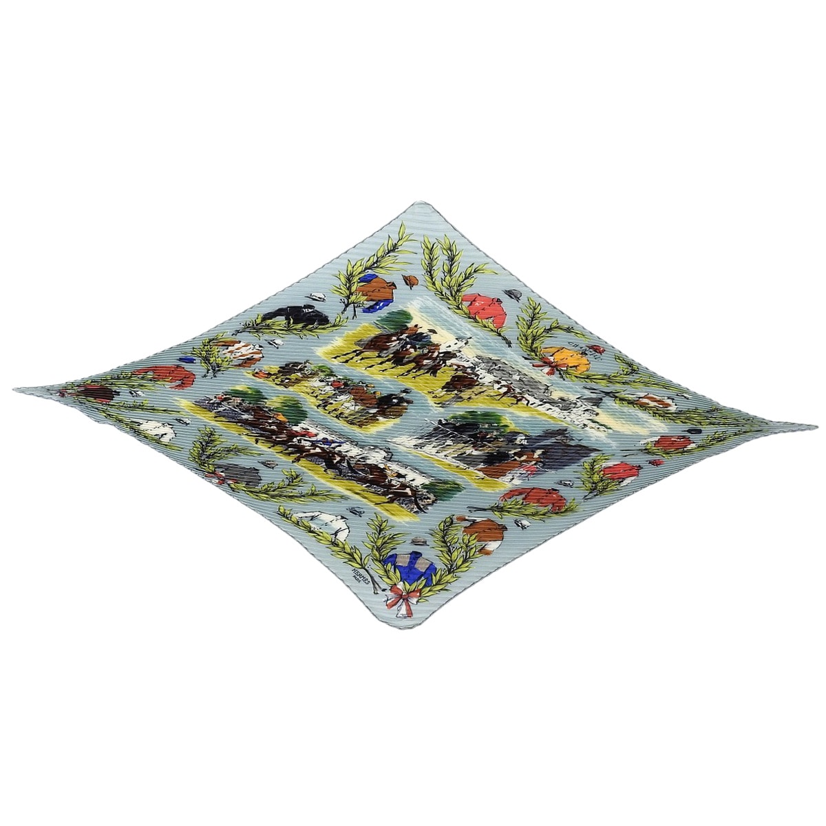 エルメス HERMES プリーツスカーフ CHANTILLY 競馬場 シルク ブルー系 レディース  4651