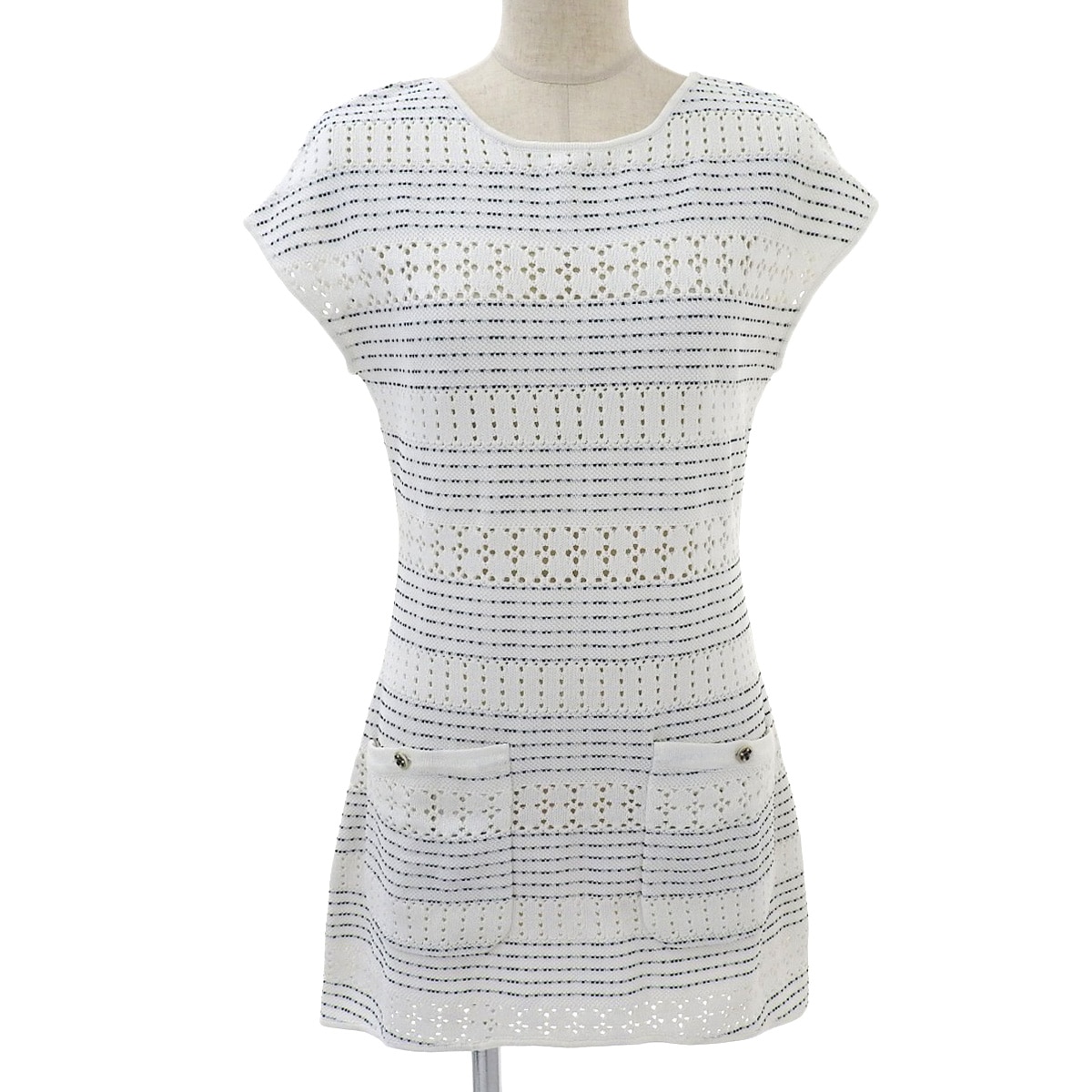 シャネル CHANEL サマーニット ボーダーワンピース フレンチスリーブ ポケット コットン ホワイト サイズ36 レディース P56156K07339 4655