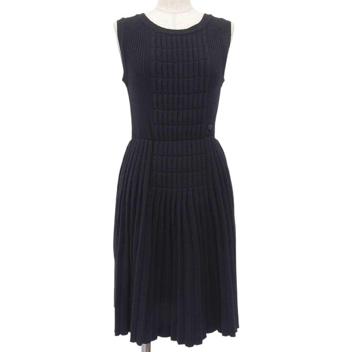 シャネル CHANEL ニット ココマーク ノースリーブ ワンピース プリーツ ウール ブラック 38 レディース 4671