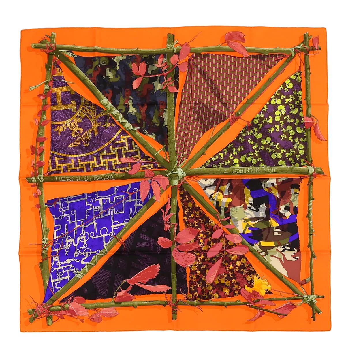 エルメス HERMES カレ90 LE ROBINSON CHIC シックなロビンソン スカーフ シルク オレンジ×マルチカラー レディース 4681