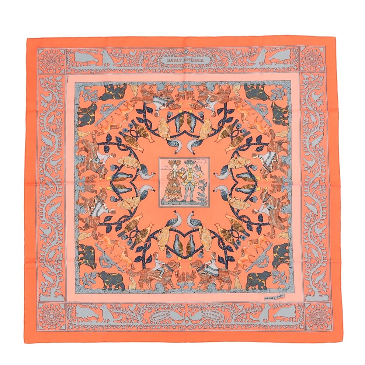 エルメス HERMES カレ90 EARLY AMERICA 古き良きアメリカ 動物 アニマル スカーフ シルク ピンク系×マルチカラー レディース 4684