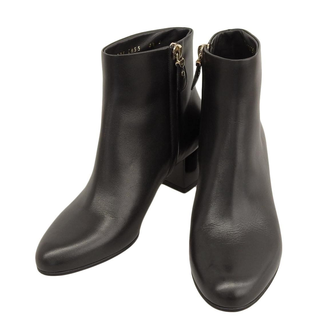 フェラガモ FERRAGAMO サイドファスナー ショートブーツ レザー ブラック 4 1/2 レディース 4686