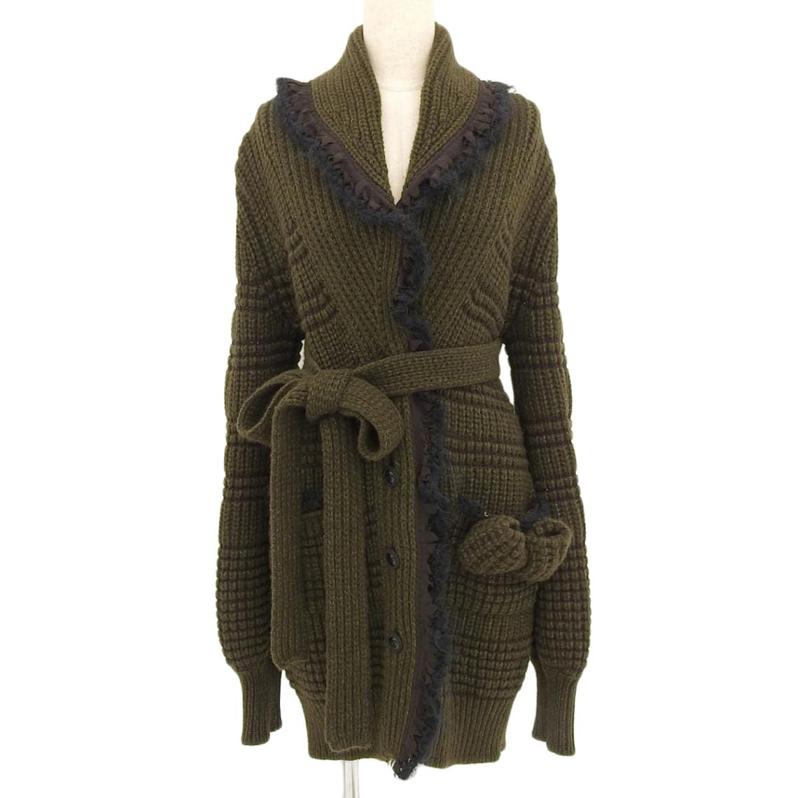 シャネル CHANEL ベルト付き リボン ロングニット ヤク×カシミヤ カーキ 38 レディース 08A 4691