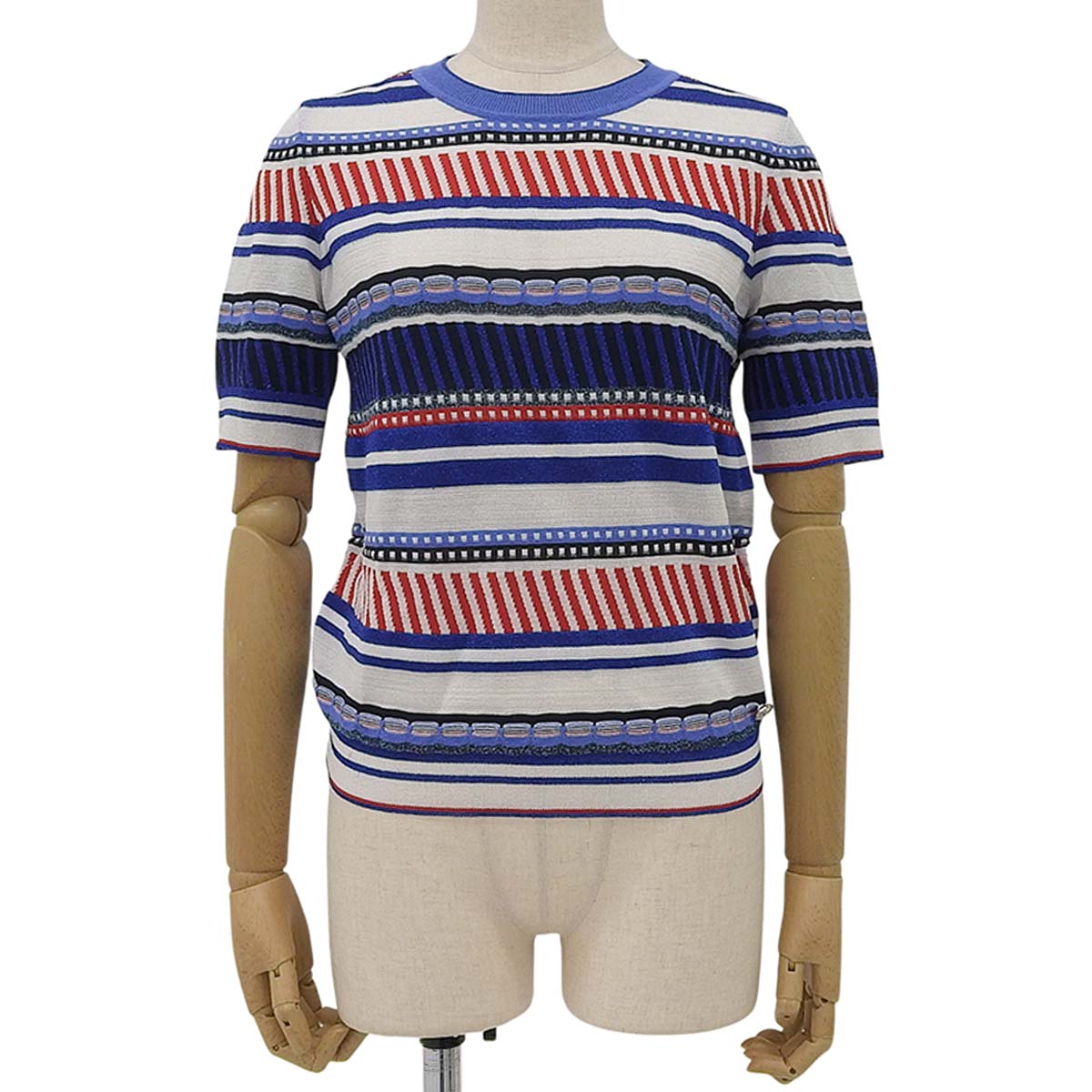 シャネル CHANEL ココマーク マルチボーダー ラメ入り 半袖 サマーニット シルク ホワイト×ブルー×レッド 38 レディース 4707