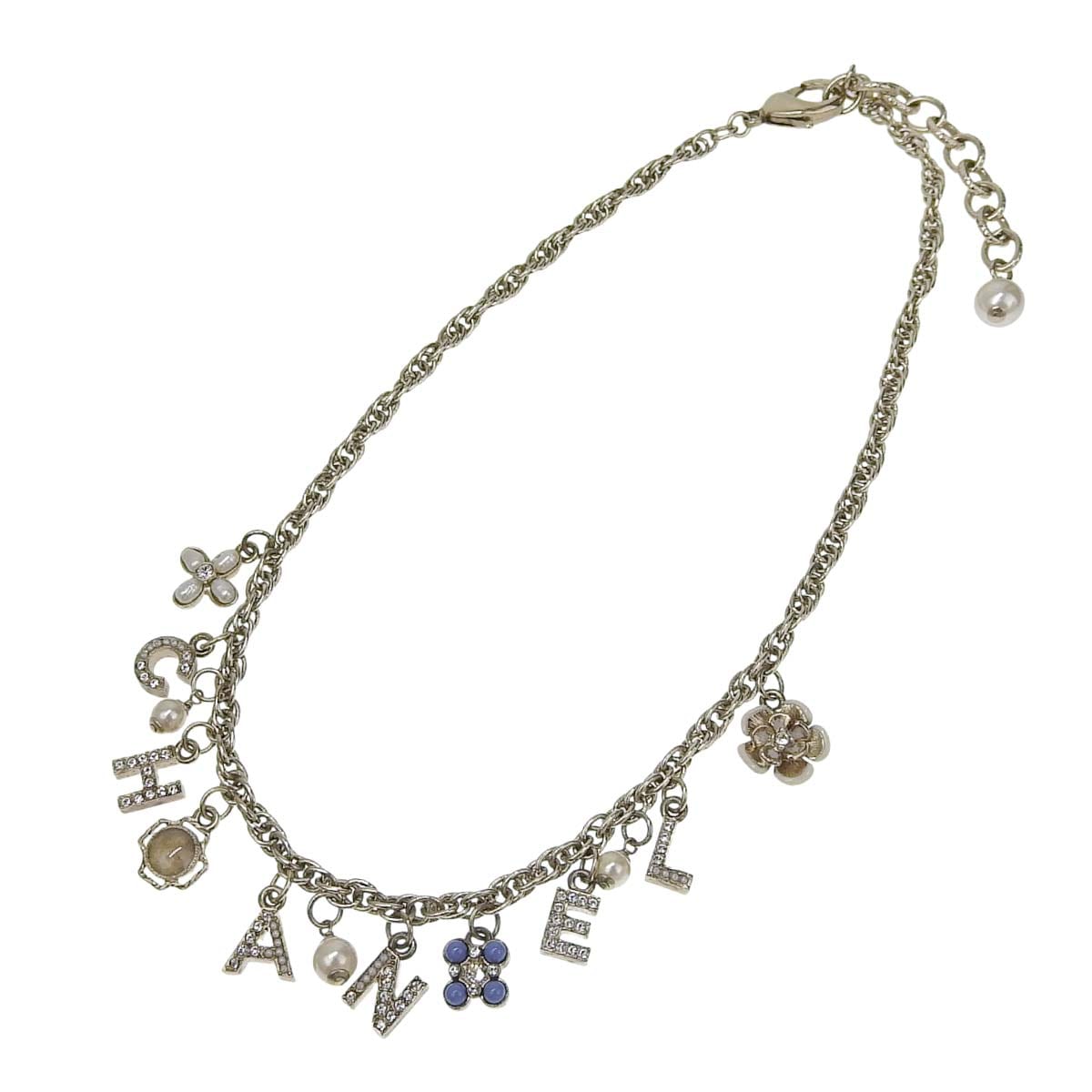 シャネル CHANEL ロゴ カメリア チャーム ネックレス メタル ラインストーン フェイクパール シャンパンゴールド レディース 19C 4709