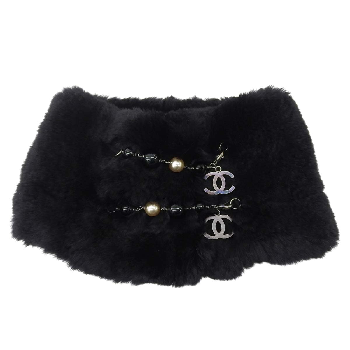 シャネル CHANEL ココマーク チャーム マフラー 襟巻き ラビットファー ラパン ブラック レディース 4722