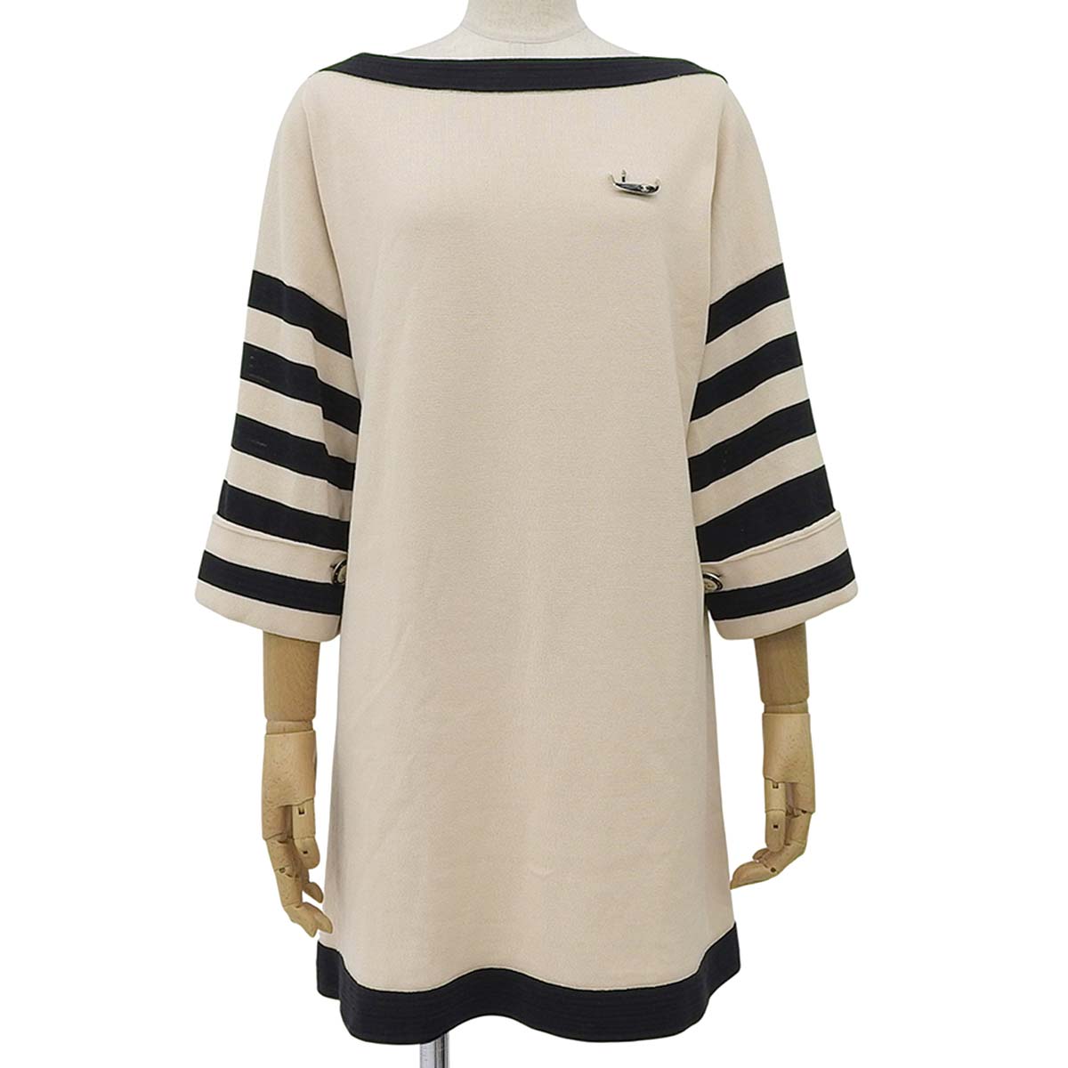 シャネル CHANEL ココマーク 七分袖 ニット ワンピース ボートネック 袖ボーダー コットン ナイロン オフホワイト×ブラック 36 レディース 4723