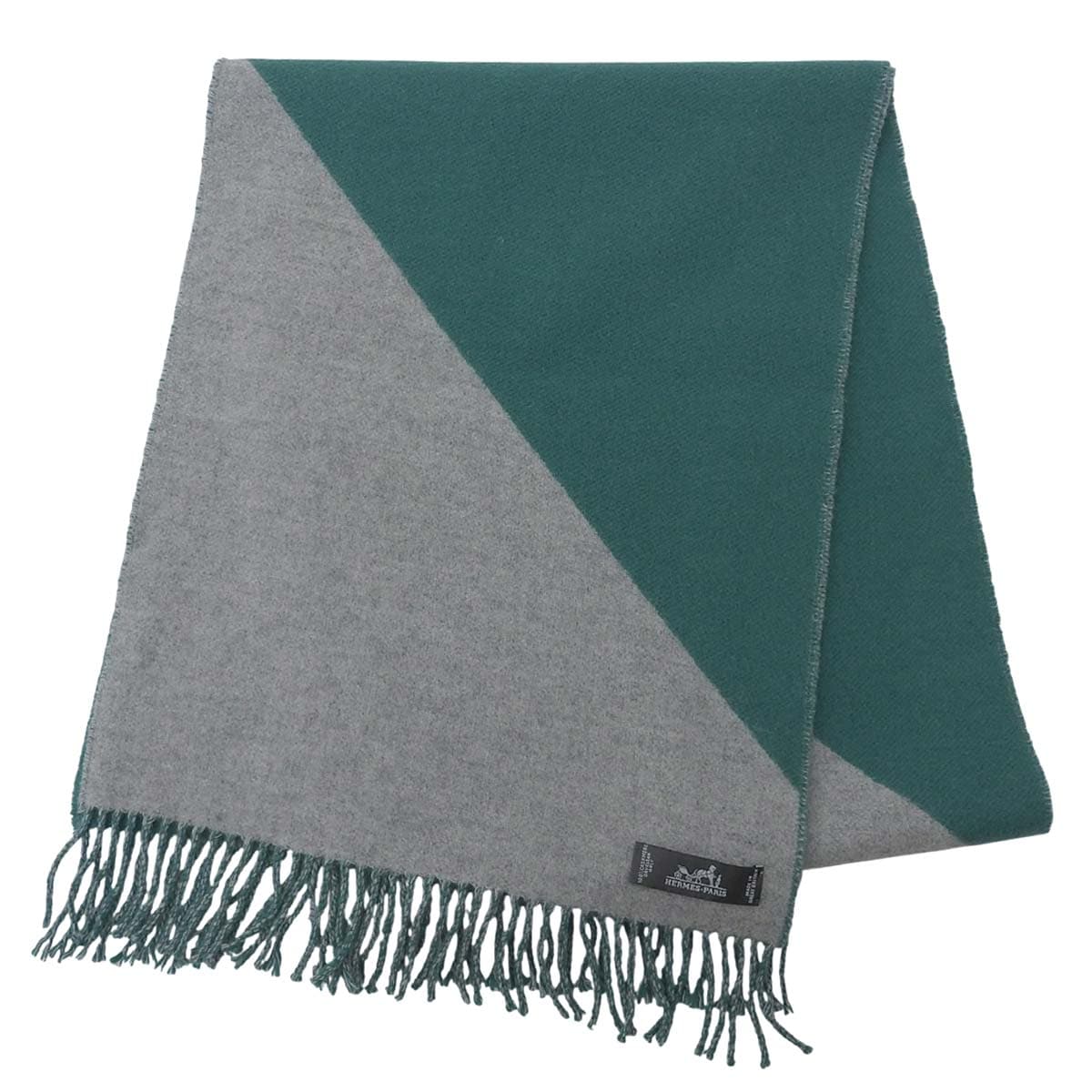 エルメス HERMES フリンジ バイカラー マフラー カシミヤ グレー×グリーン レディース 4724