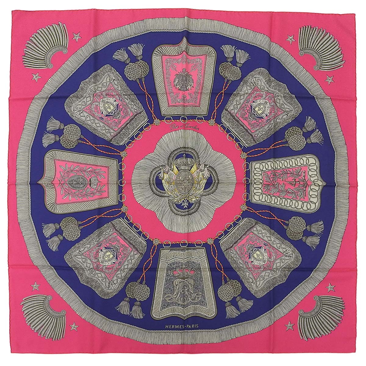 エルメス HERMES カレ90 Poste et Cavlerie サーベルの飾り袋 スカーフ シルク ピンク×ネイビー レディース 4725