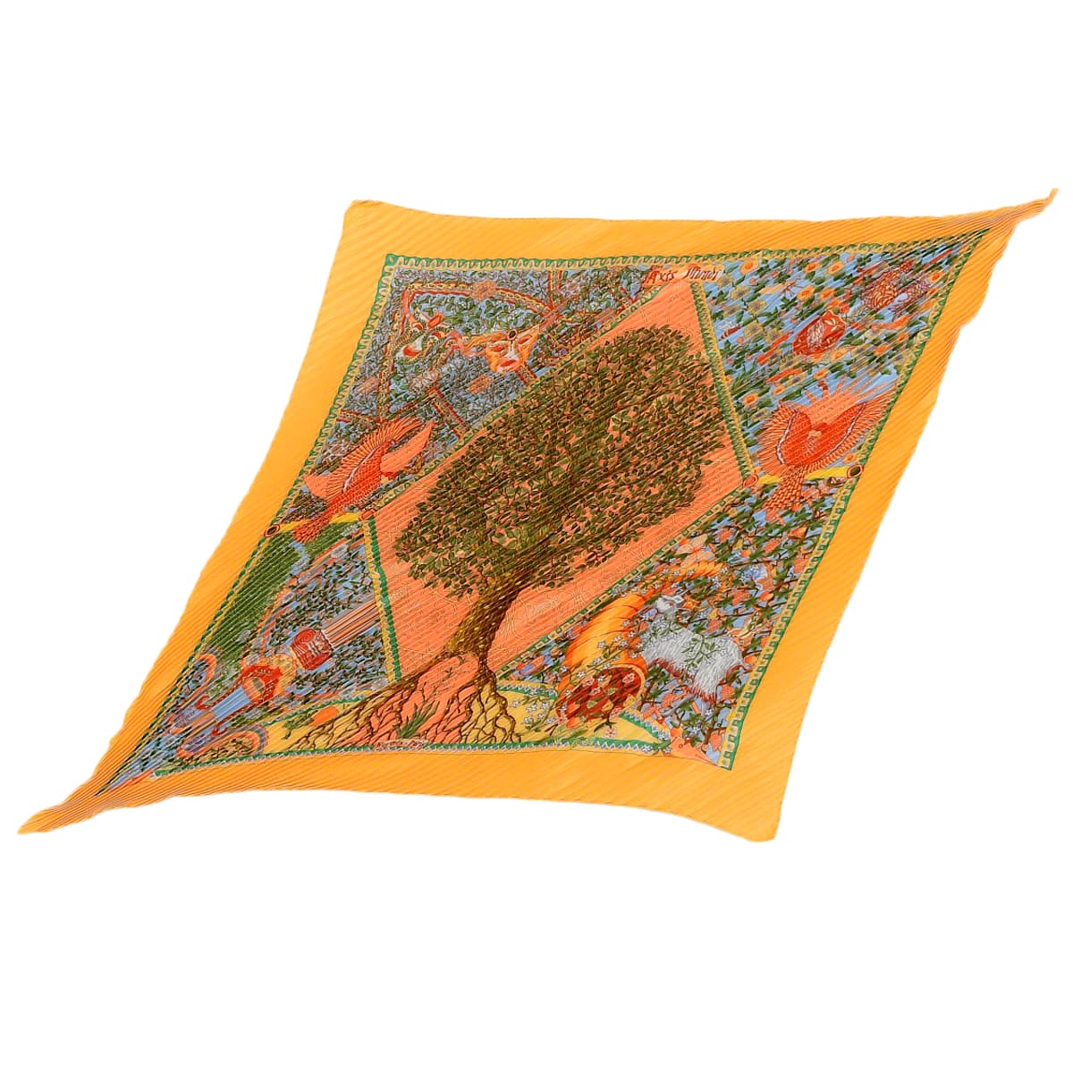 エルメス HERMES プリーツスカーフ AXisMundi 世界の中心軸 シルク オレンジ レディース 4730