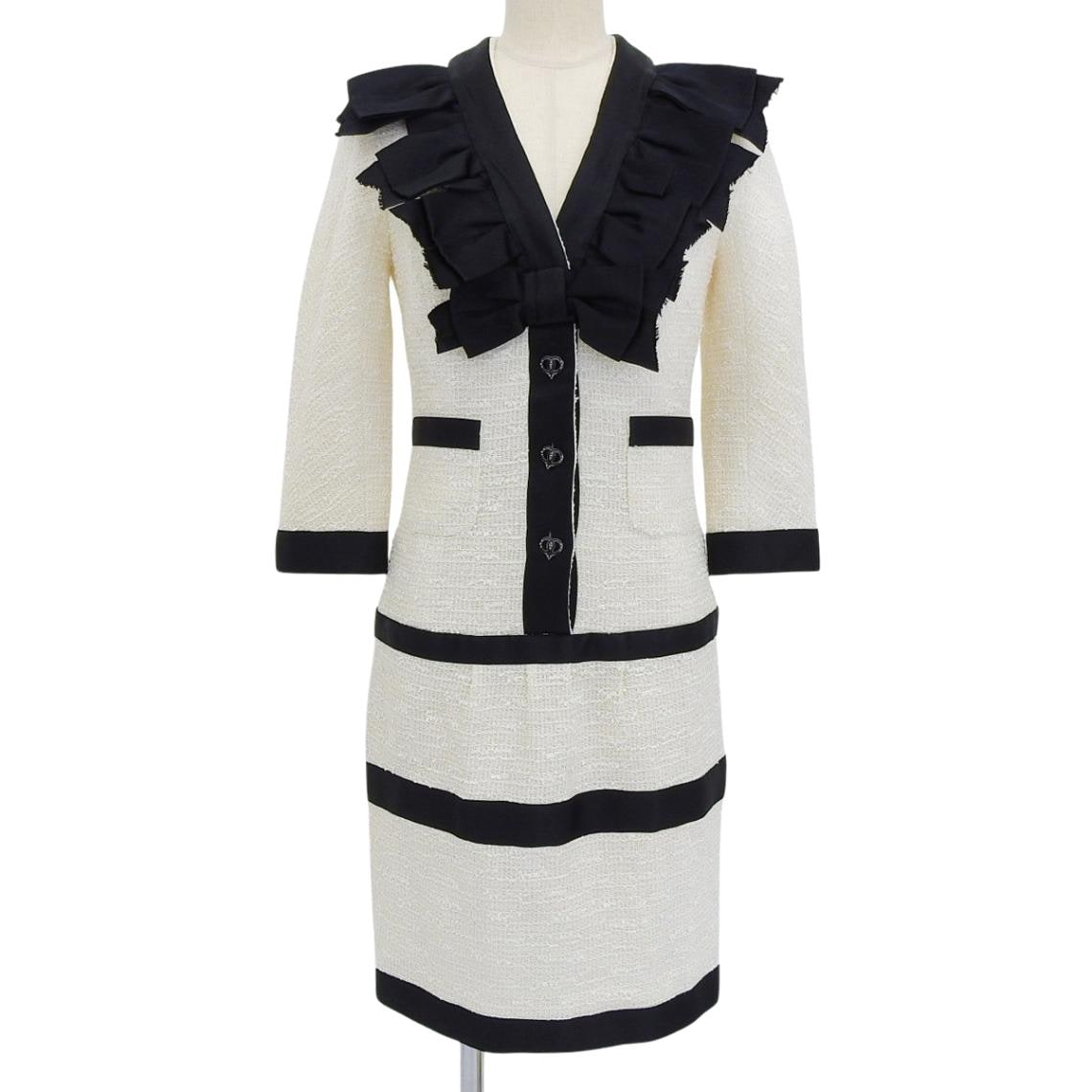 シャネル CHANEL クルーズコレクション バイカラー ツイード ワンピース リボン ココマークボタン 裏地付き 36 レディース P34740V21179 4732