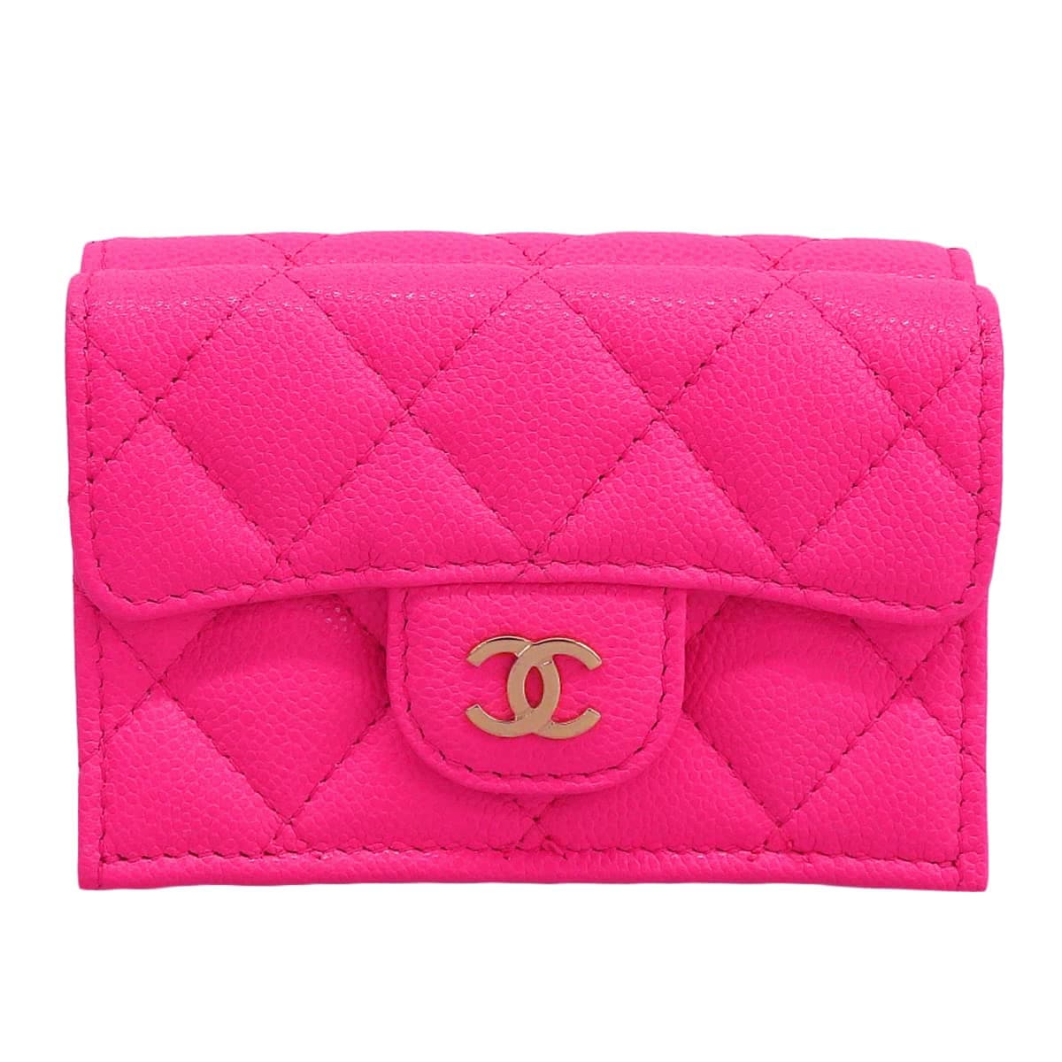 シャネル CHANEL ココマーク マトラッセ Wホック 三つ折り コンパクト財布 キャビアスキン ネオンピンク ゴールド金具 レディース 4737