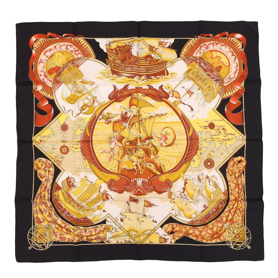 エルメス HERMES カレ90 Au-dera des cing mers 5つの海を越えて スカーフ シルク ブラック レディース 4763