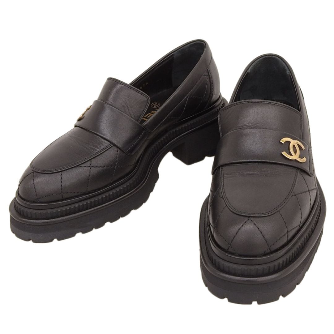 シャネル CHANEL ココマーク ローファー 36C レザー ブラック ゴールド金具 レディース G45074 マトラッセ 厚底 4764