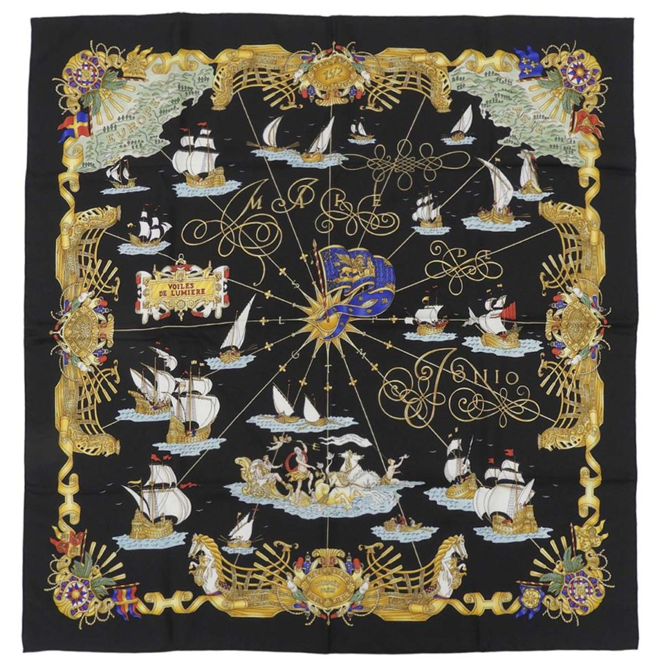 エルメス HERMES カレ90 VOILES DE LUMIERE 光の帆船 スカーフ シルク ブラック×マルチカラー レディース 4766