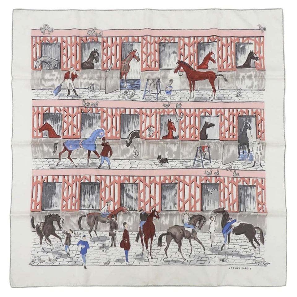 エルメス HERMES カレ90 CLERC クレール 厩舎 馬 競走馬 スカーフ シルク ホワイト×マルチカラー レディース 4767