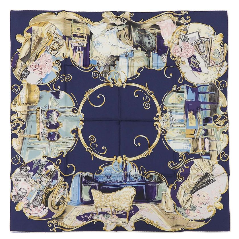 ディオール DIOR スカーフ ヴィンテージ バラ ピアノ ベッド 鏡 椅子 香水 シルク ネイビー×マルチカラー レディース 4770